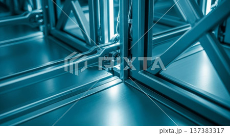 Close Up Of Blue Metal Frame Structure With Clean Lines And Geometric 137383317