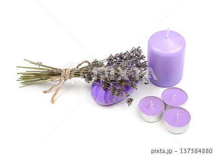 Aromatic Lavender Stems and Scented Tealights isolated on white Aromatic Lavender Stems and Scented Tealights isolated on white 137384880