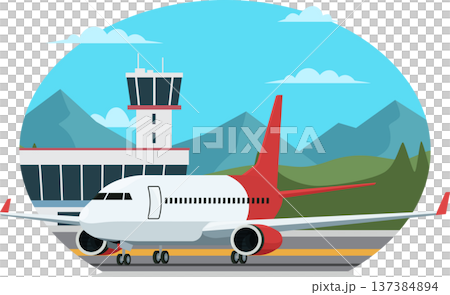 Airplane parked in airport terminal illustration 137384894