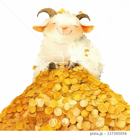 Goat sits happily on a pile of coins in a bright setting with a cheerful expression Goat sits happily on a pile of coins in a bright setting with a cheerful expression 137385056
