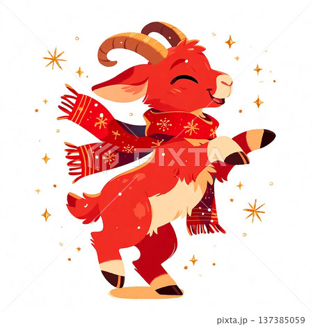 Cute red goat wearing a scarf dancing happily among snowflakes and stars during winter season celebration Cute red goat wearing a scarf dancing happily among snowflakes and stars during winter season celebration 137385059