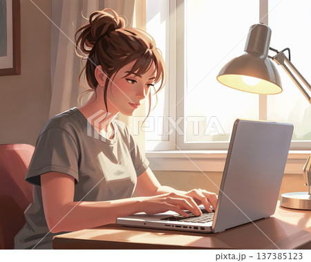 Freelancer girl depicted in anime style working on a laptop 137385123