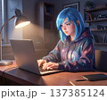 Freelancer girl with blue hair depicted in anime style working on a laptop 137385124