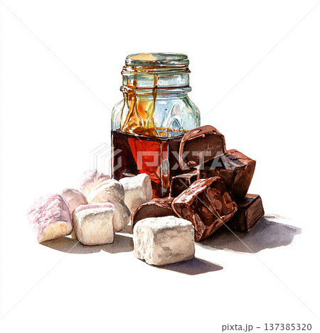 Chocolate cubes, marshmallows, and a jar of syrup are placed together on a white surface during daytime Chocolate cubes, marshmallows, and a jar of syrup are placed together on a white surface during daytime 137385320