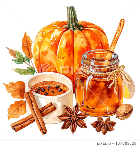 Pumpkin, honey jar, spices, and leaves arranged for autumn baking and cooking on a white background 137385329