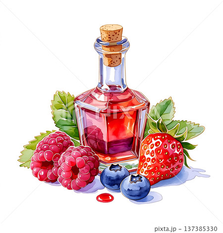 Bottle of fruit syrup with fresh berries and leaves on a white background during bright daylight 137385330