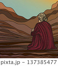 Lonely Woman Watching Desert Sunset Vector Illustration 137385477