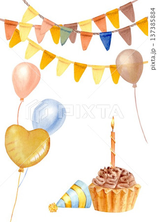 Hand-drawn watercolor vertical rectangle with colorful flags, a cupcake with a lit candle, balloons, a heart, and a triangular party hat on an isolated background. Simple clipart for a greeting card 137385884