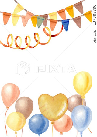 A hand-drawn watercolor vertical rectangular composition with garlands of multicolored flags, balloons, and a yellow heart on an isolated background. Simple clipart for a birthday greeting card A hand-drawn watercolor vertical rectangular composition with garlands of multicolored flags, balloons, and a yellow heart on an isolated background. Simple clipart for a birthday greeting card 137385886
