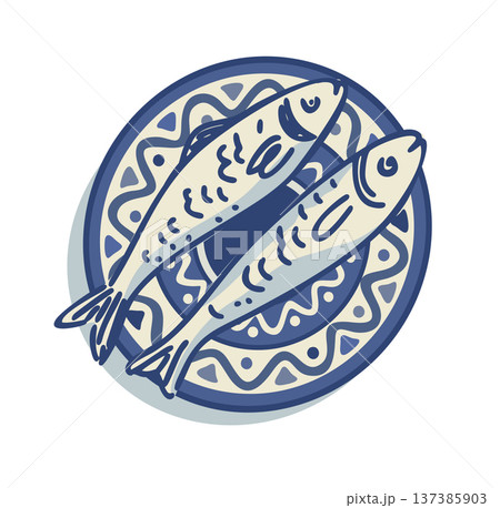 Sardines on plate. Medditerranean food. Vector isolated illustration. Blue and white color palette Sardines on plate. Medditerranean food. Vector isolated illustration. Blue and white color palette 137385903