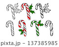 Hand-drawn candy canes with holly on white background symbolizing festive Christmas spirit and joyful holiday cheer 137385985