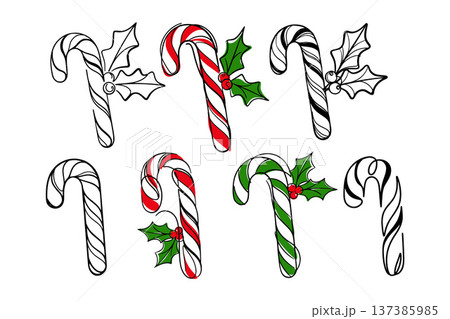 Hand-drawn candy canes with holly on white background symbolizing festive Christmas spirit and joyful holiday cheer Hand-drawn candy canes with holly on white background symbolizing festive Christmas spirit and joyful holiday cheer 137385985