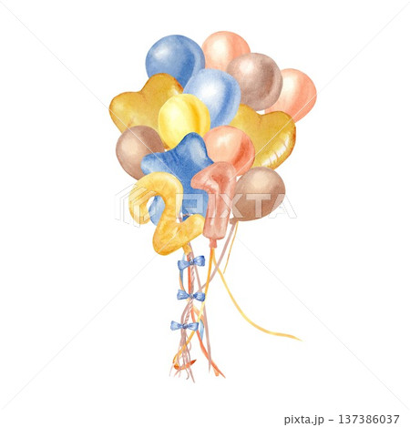 A bouquet of heart-shaped, star-shaped, yellow, orange, brown, and blue balloons, along with the number twenty, hand-painted in watercolor on an isolated background. Clipart for a 21st birthday party. A bouquet of heart-shaped, star-shaped, yellow, orange, brown, and blue balloons, along with the number twenty, hand-painted in watercolor on an isolated background. Clipart for a 21st birthday party. 137386037