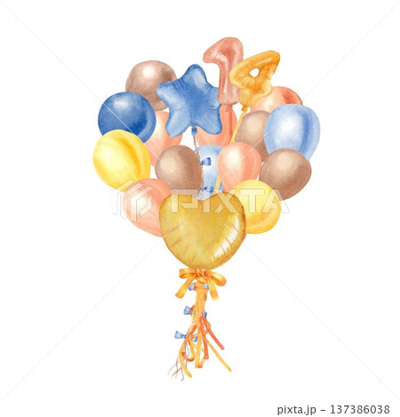 A bouquet of yellow, orange, brown, and blue balloons and the number fourteen, hand-painted in watercolor on an isolated background. Clipart for a 14th birthday party or Valentine's Day. 137386038