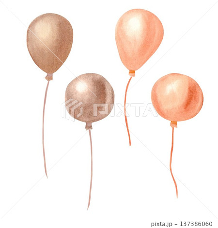 A collection of orange and brown balloons, hand-painted in watercolor, on an isolated background. A simple clip art gift or decoration for a party, date, reunion, birthday, or anniversary. A collection of orange and brown balloons, hand-painted in watercolor, on an isolated background. A simple clip art gift or decoration for a party, date, reunion, birthday, or anniversary. 137386060
