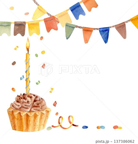 A vibrant square composition with garlands of multicolored flags, a cupcake with a burning candle, and confetti, hand-drawn in watercolor on an isolated background. Simple birthday card clip art. A vibrant square composition with garlands of multicolored flags, a cupcake with a burning candle, and confetti, hand-drawn in watercolor on an isolated background. Simple birthday card clip art. 137386062