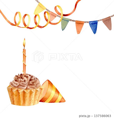 A vibrant square composition with garlands of colorful flags, streamers, a cupcake with a lit candle, a party hat, hand-drawn in watercolor on an isolated background. Simple birthday card clip art. 137386063