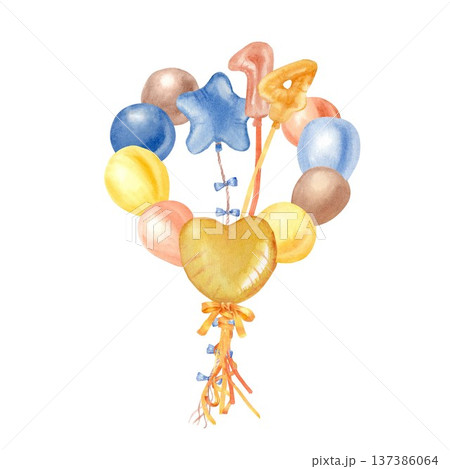 A bouquet of yellow, orange, brown, and blue balloons and the number fourteen, hand-painted in watercolor on an isolated background. Clipart for a 14th birthday party or Valentine's Day. A bouquet of yellow, orange, brown, and blue balloons and the number fourteen, hand-painted in watercolor on an isolated background. Clipart for a 14th birthday party or Valentine's Day. 137386064