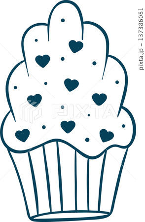 Shell-shaped madeleine cake decorated with icing and tiny hearts, drawn in simple Mediterranean blue lines. Sweet French pastry icon for Valentine's bakery menus Shell-shaped madeleine cake decorated with icing and tiny hearts, drawn in simple Mediterranean blue lines. Sweet French pastry icon for Valentine's bakery menus 137386081