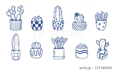 Hand drawn different cactus and succulent in patterned pots in a minimalist blue line style. Trendy set is perfect for home decor and packaging Hand drawn different cactus and succulent in patterned pots in a minimalist blue line style. Trendy set is perfect for home decor and packaging 137386093