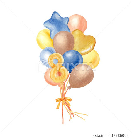 A bouquet of yellow, orange, brown, and blue balloons and the number eight, hand-painted in watercolor on an isolated background. Clip art for a baby shower for an eight-year-old or eight-month-old 137386099