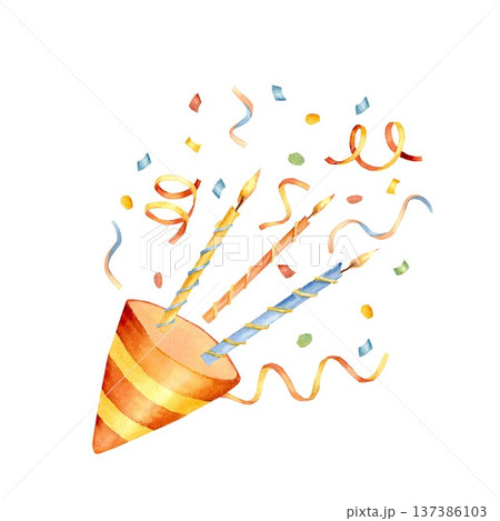A vibrant composition of a triangular striped party hat with burning candles, streamer, and confetti, hand-painted in watercolor on an isolated background. Simple birthday card clip art. A vibrant composition of a triangular striped party hat with burning candles, streamer, and confetti, hand-painted in watercolor on an isolated background. Simple birthday card clip art. 137386103