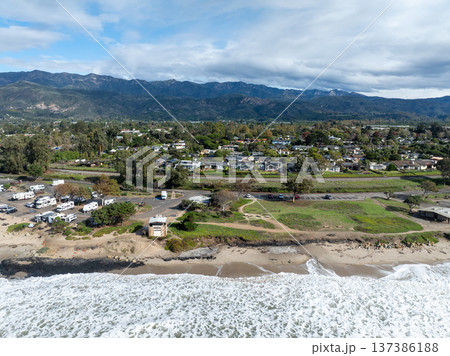 Aerial view of Carpinteria, small seaside city in southeastern Santa Barbara County, Californi 137386188