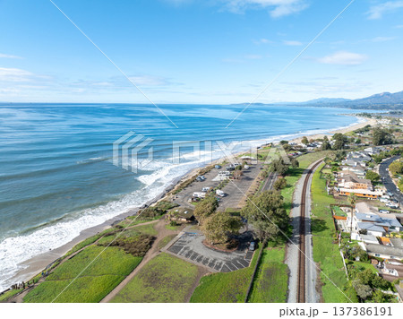 Aerial view of Carpinteria, small seaside city in southeastern Santa Barbara County, Californi 137386191