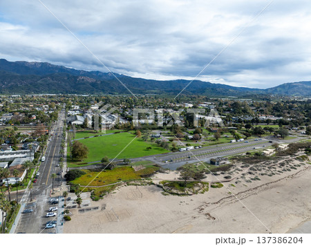 Aerial view of Carpinteria, small seaside city in southeastern Santa Barbara County, Californi 137386204