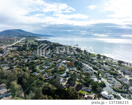 Aerial view of Carpinteria, small seaside city in southeastern Santa Barbara County, Californi 137386215