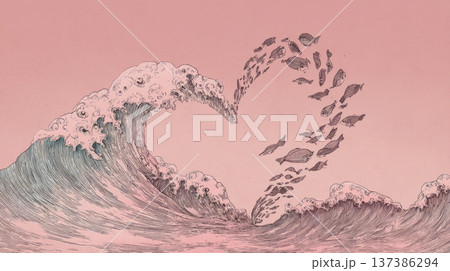 Waves form heart shape with fishのイラスト素材 [137386294] - PIXTA