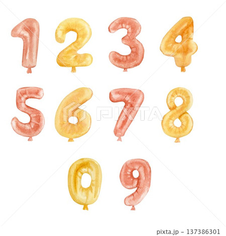 A collection of yellow tawny, auburn and inflatable number balloons, hand-drawn with watercolors on an isolated background. Simple clip art elements for decorating celebrations and anniversary gifts. A collection of yellow tawny, auburn and inflatable number balloons, hand-drawn with watercolors on an isolated background. Simple clip art elements for decorating celebrations and anniversary gifts. 137386301