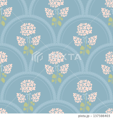 Floral scallop trellis seamless pattern. Vector arched flowers, grand millennial repeat background, vintage print 137386403