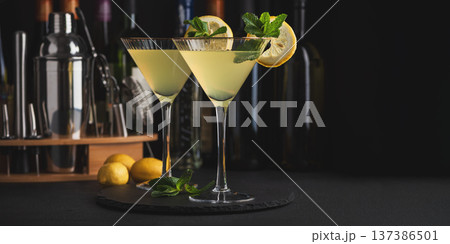 Elegant cocktail two glasses of limoncello spritz, garnished with fresh lemon slices and mint sprigs against a refined bar background with cocktail tools Elegant cocktail two glasses of limoncello spritz, garnished with fresh lemon slices and mint sprigs against a refined bar background with cocktail tools 137386501