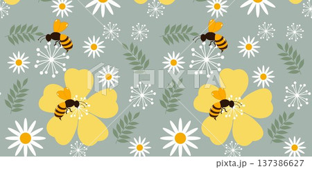 Cute Bee and daisy Pattern Background 137386627
