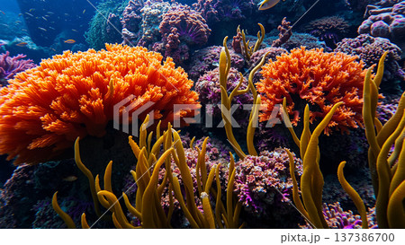 Underwater world, algae, corals, rocks at the bottom of the sea 137386700