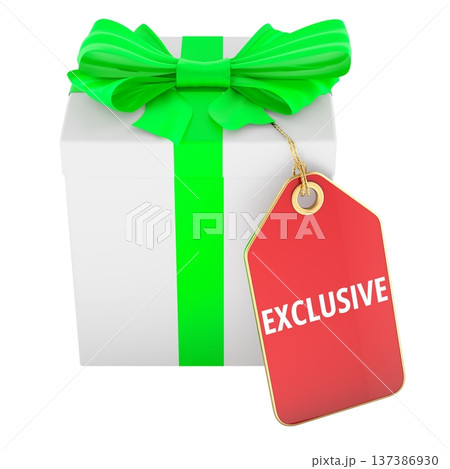 Gift box with EXCLUSIVE tag. 3D rendering Gift box with EXCLUSIVE tag. 3D rendering 137386930