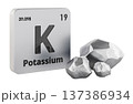 Potassium element tile with K symbol and potassium pieces. 3D rendering 137386934