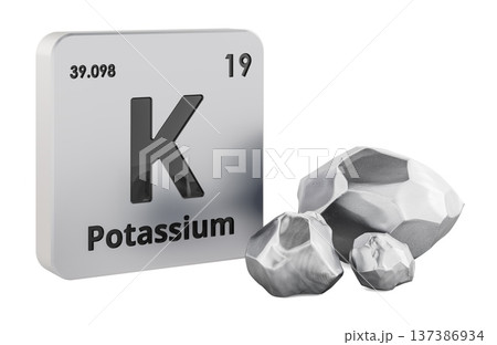 Potassium element tile with K symbol and potassium pieces. 3D rendering 137386934
