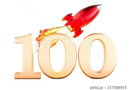 Robert Goddard rocket centennial with retro rocket and number 100. 3D rendering 137386935