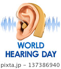 World Hearing Day concept with ear hearing aid and sound wave. 3D rendering 137386940