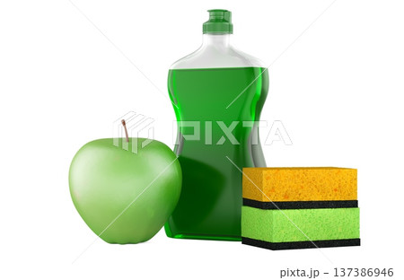 Dishwashing liquid bottle with apple and sponges. 3D rendering Dishwashing liquid bottle with apple and sponges. 3D rendering 137386946