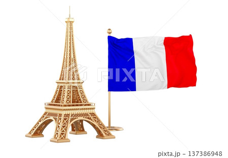 Eiffel Tower and French flag as symbol of France. 3D rendering Eiffel Tower and French flag as symbol of France. 3D rendering 137386948