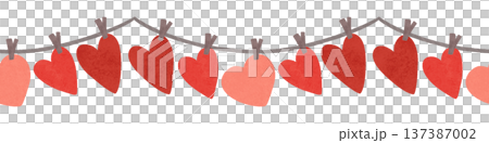 Horizontal seamless border. Garland of red hearts for Valentine's Day. Watercolor, pastel. Red, scarlet. In a flat style. For printing, print, product Horizontal seamless border. Garland of red hearts for Valentine's Day. Watercolor, pastel. Red, scarlet. In a flat style. For printing, print, product 137387002