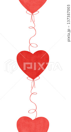 Vertical seamless border. Red, scarlet heart-shaped balloons with ribbon. In a flat style. Watercolor, pastel. For printing, prints, products Vertical seamless border. Red, scarlet heart-shaped balloons with ribbon. In a flat style. Watercolor, pastel. For printing, prints, products 137387003