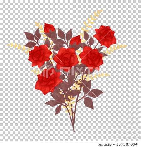 Red, scarlet roses. A festive composition in warm colors, in a simple flat style. Watercolor, pastel. A design element for printing, prints Red, scarlet roses. A festive composition in warm colors, in a simple flat style. Watercolor, pastel. A design element for printing, prints 137387004