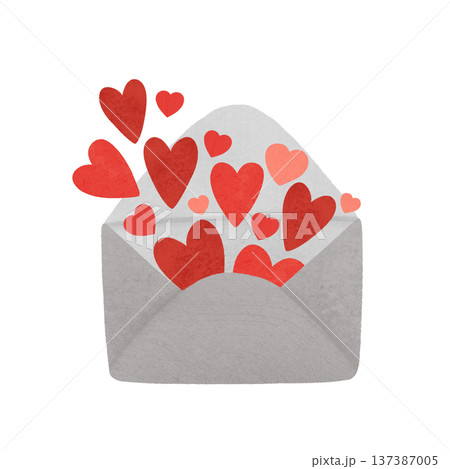 Red, scarlet hearts in an envelope. Valentines card. A festive composition in warm colors, in a simple flat style. Watercolor, pastel. For design 137387005