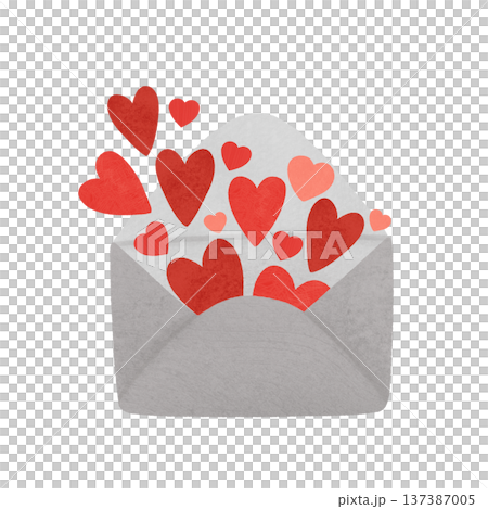 Red, scarlet hearts in an envelope. Valentines card. A festive composition in warm colors, in a simple flat style. Watercolor, pastel. For design 137387005