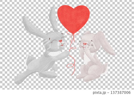 Cute bunnies, rabbits with a heart. A composition with characters in pastel colors. Watercolor, pastel. A cartoon illustration in a simple, flat style Cute bunnies, rabbits with a heart. A composition with characters in pastel colors. Watercolor, pastel. A cartoon illustration in a simple, flat style 137387006