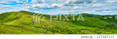 The nature of the Khasansky district of Primorsky Krai, Russia. The lip of the Teal of the Slavic Bay, the inner bay of Peter the Great in the summer. Panorama. 137387111